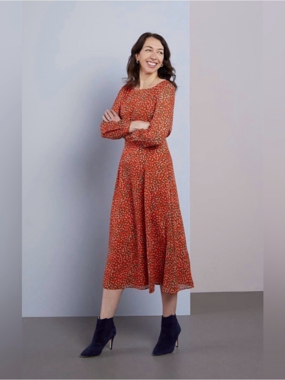 Boden Ingrid Orange Sunset Speckle Midi Dress Size 4R
